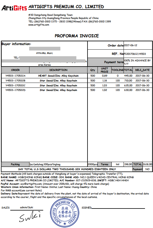 Korea customer Proforma invoice