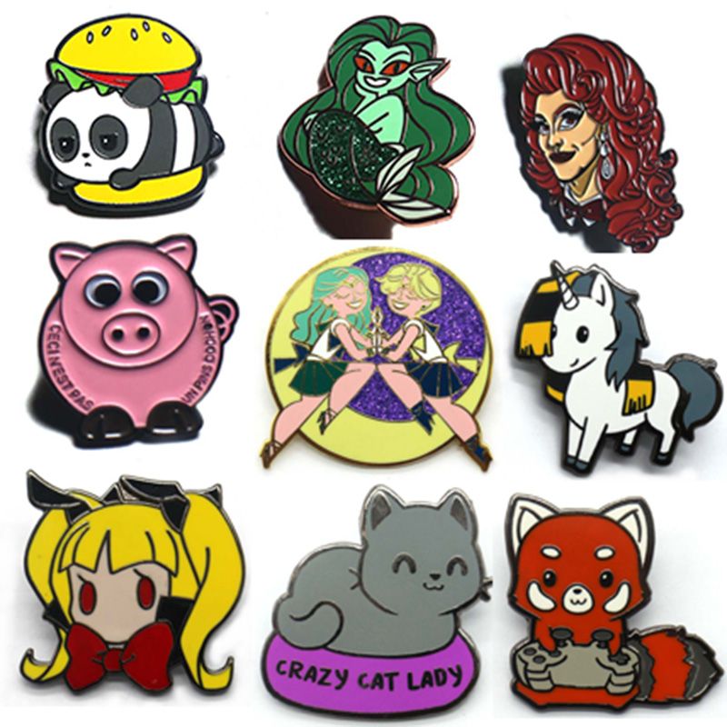 Free Sample Customized Cute Metal Badge UV Printed Glitter Enamel Pins for Anniversary