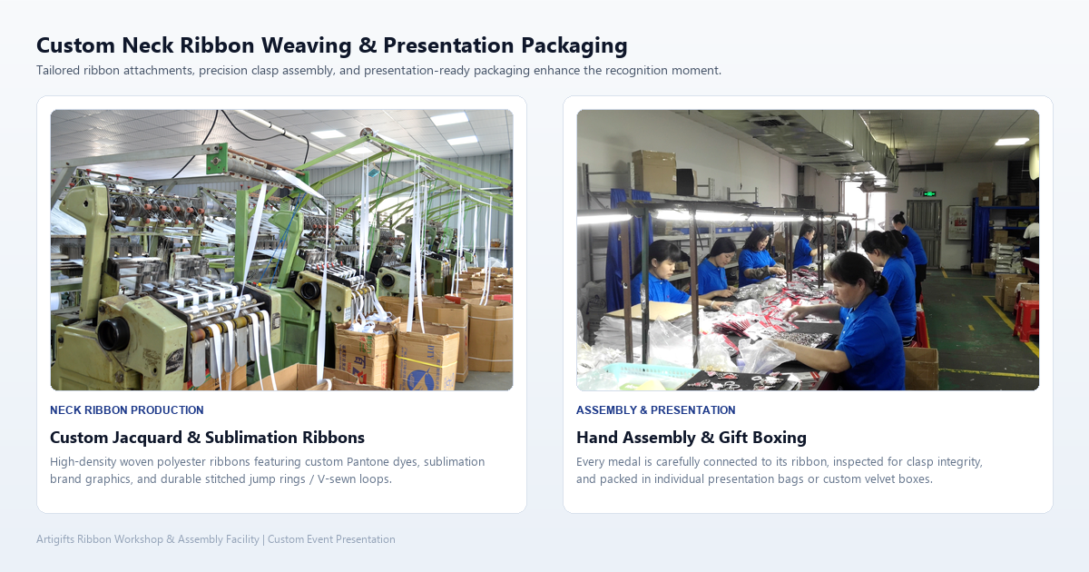 Custom neck ribbon weaving, medal attachment assembly, and individual presentation packaging